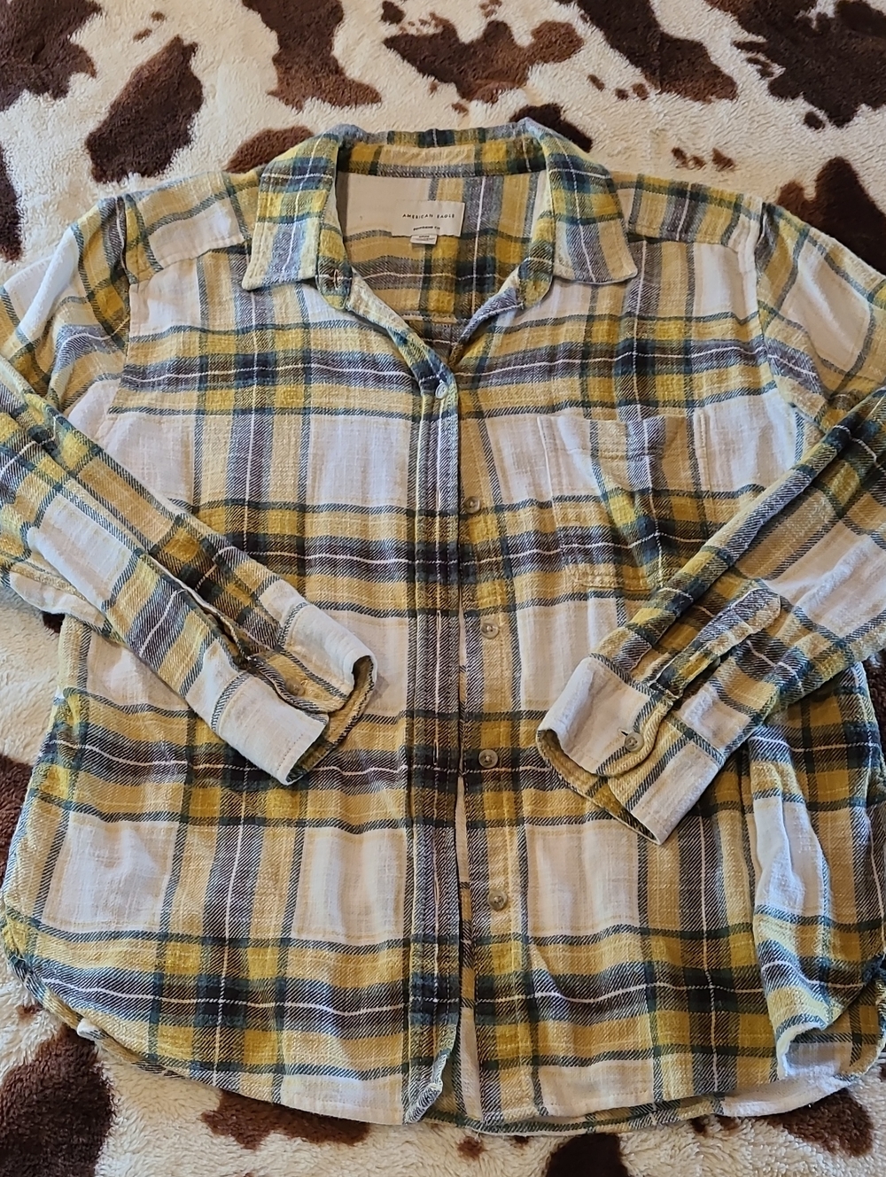 American Eagle Outfitters Yellow and Gray Plaid Button-Down Shirt